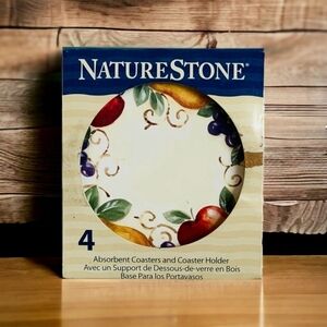 ABSORBENT NATURESTONE COASTER Set Bella Fruit 4 Ceramic COASTER & COASTER Holder